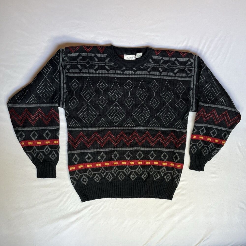 VTG Sears The Mens Store Knit Sweater Large Black Gray Red Geometric 90s Y2K Rap
